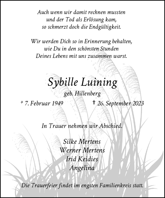 Traueranzeige von Sybille Luining von Rheinische Post