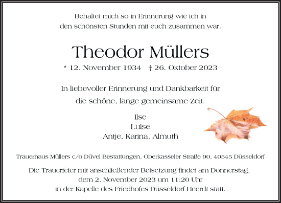 Traueranzeige von Theodor Müllers von Rheinische Post