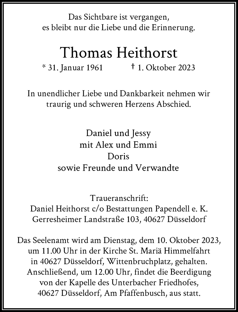  Traueranzeige für Thomas Heithorst vom 07.10.2023 aus Rheinische Post