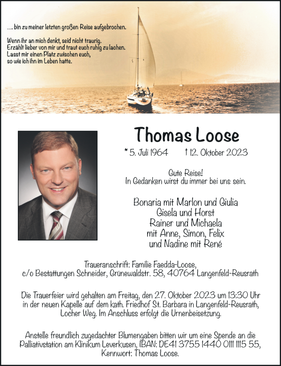 Traueranzeige von Thomas Loose von Rheinische Post