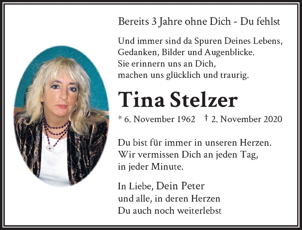  Traueranzeige für Tina Stelzer vom 01.11.2023 aus Rheinische Post