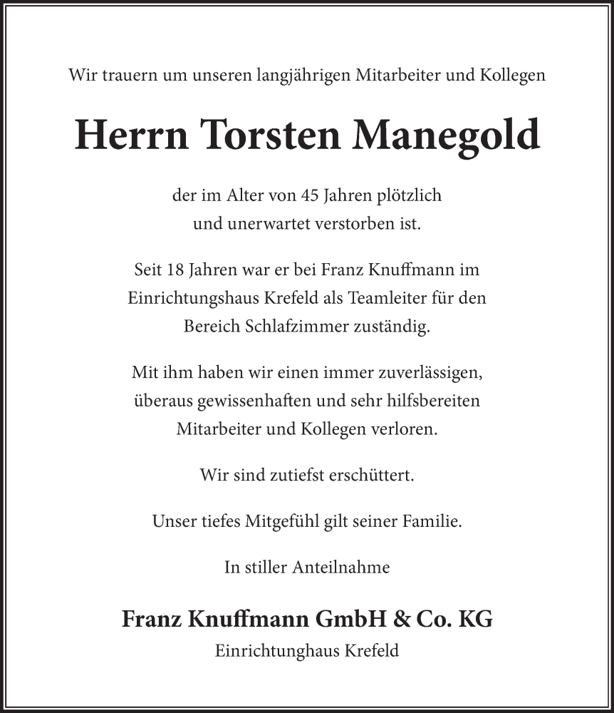  Traueranzeige für Torsten Manegold vom 07.10.2023 aus Rheinische Post