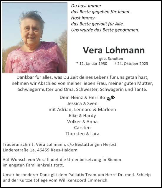 Traueranzeige von Vera Lohmann von Rheinische Post