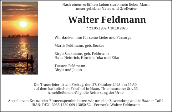 Traueranzeige von Walter Feldmann von Rheinische Post