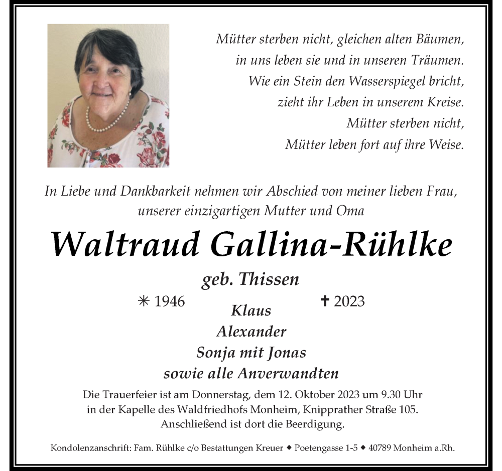  Traueranzeige für Waltraud Gallina-Rühlke vom 07.10.2023 aus Rheinische Post