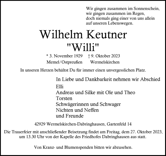 Traueranzeige von Wilhelm Keutner von Rheinische Post