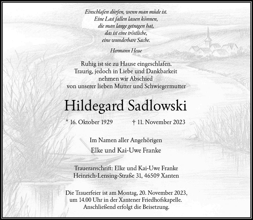  Traueranzeige für Hildegard Sadlowski vom 15.11.2023 aus Rheinische Post
