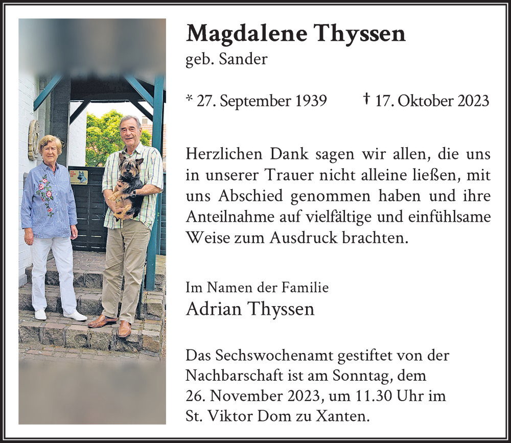  Traueranzeige für Magdalene Thyssen vom 18.11.2023 aus Rheinische Post