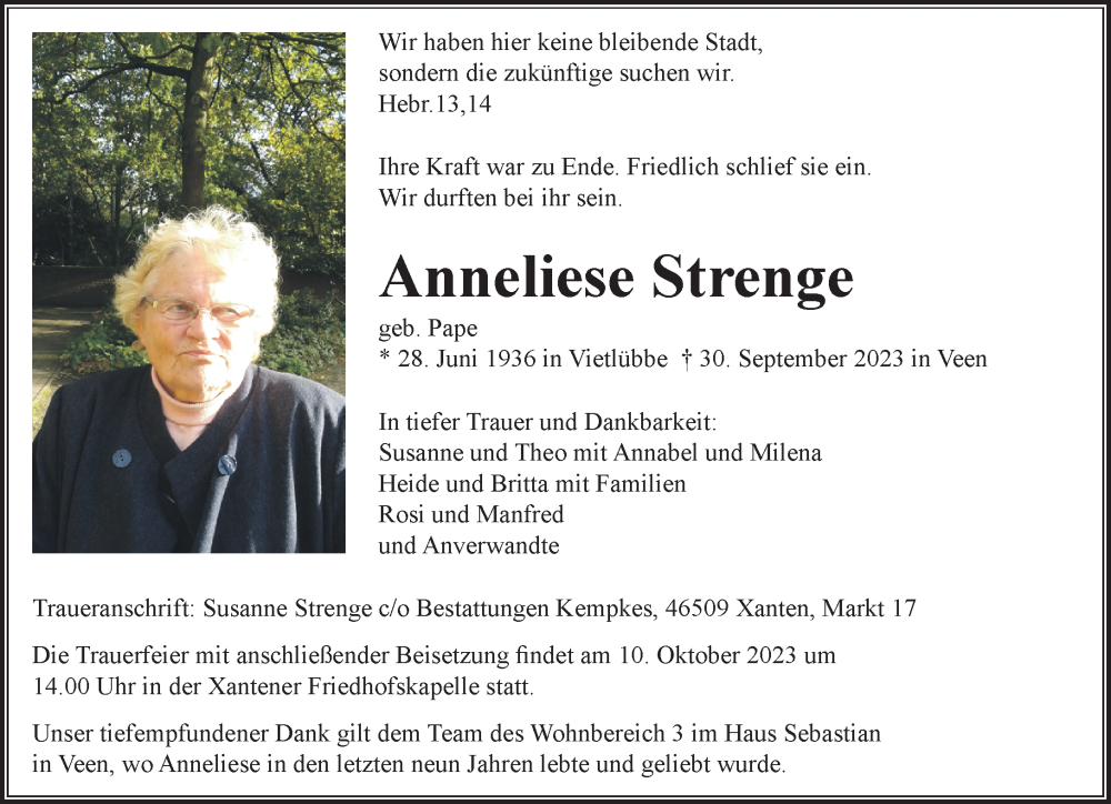  Traueranzeige für Anneliese Strenge vom 07.10.2023 aus Rheinische Post