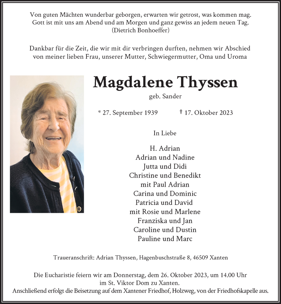  Traueranzeige für Magdalene Thyssen vom 21.10.2023 aus Rheinische Post
