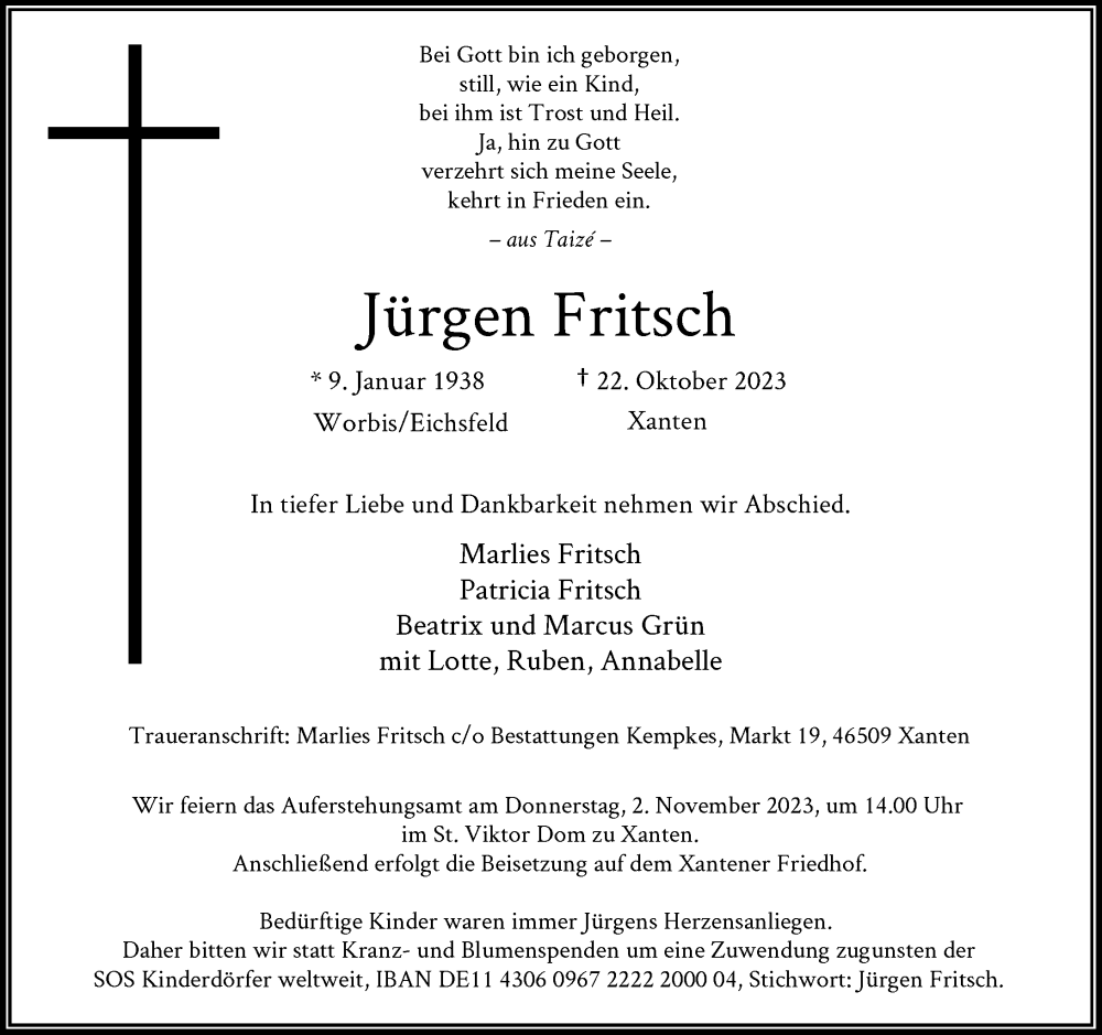 Traueranzeige für Jürgen Fritsch vom 28.10.2023 aus Rheinische Post
