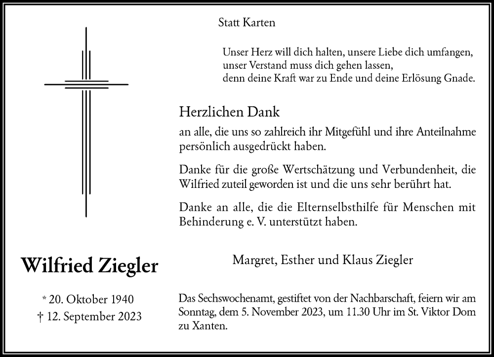  Traueranzeige für Wilfried Ziegler vom 28.10.2023 aus Rheinische Post