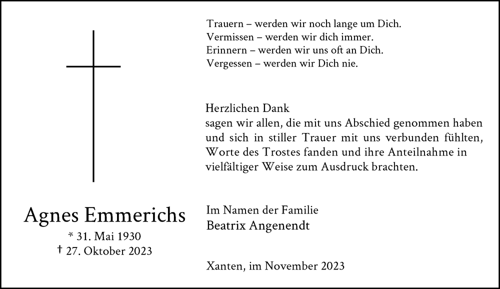  Traueranzeige für Agnes Emmerichs vom 18.11.2023 aus Rheinische Post