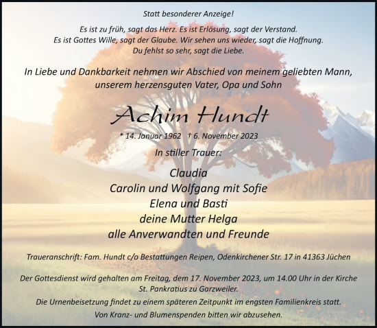 Todesanzeige von Achim Hundt von Rheinische Post