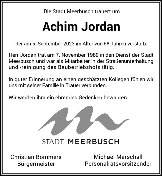 Todesanzeige von Achim Jordan von Rheinische Post