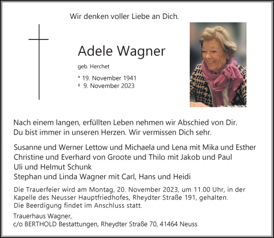 Traueranzeige von Adele Wagner von Rheinische Post