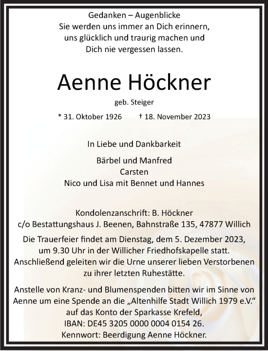Traueranzeige von Aenne Höckner von Rheinische Post