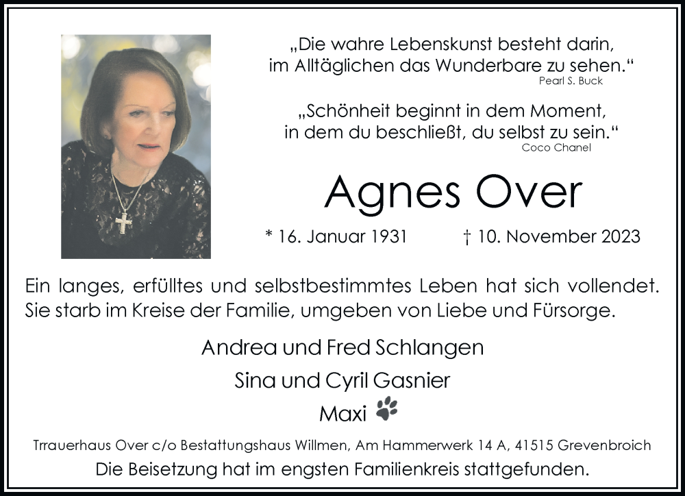  Traueranzeige für Agnes Over vom 25.11.2023 aus Rheinische Post