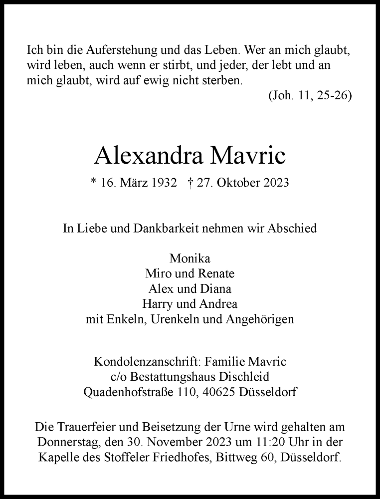  Traueranzeige für Alexandra Mavric vom 18.11.2023 aus Rheinische Post