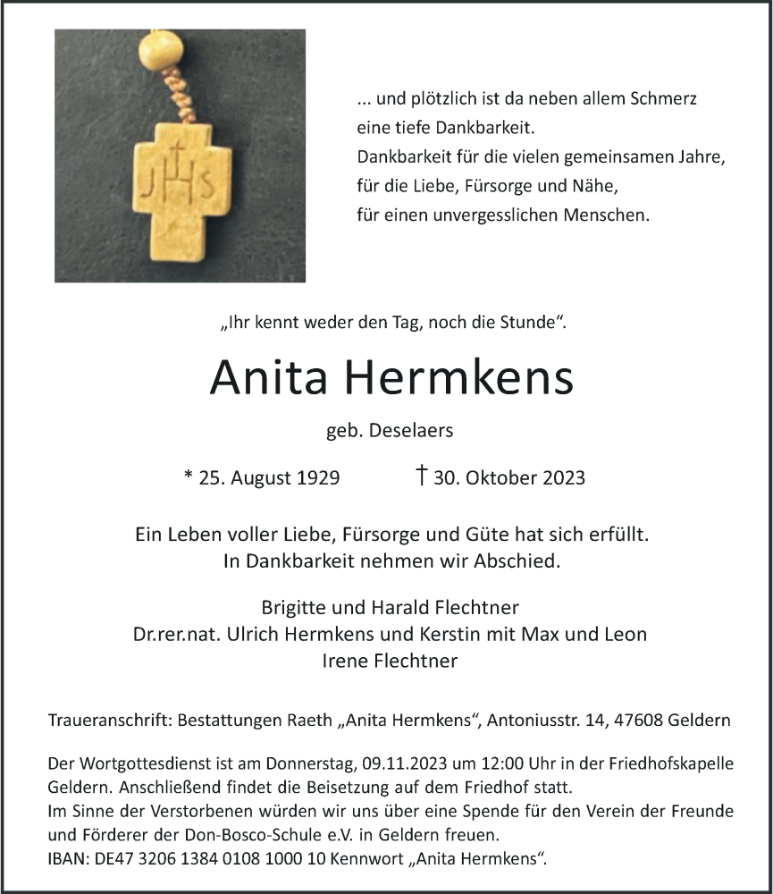  Traueranzeige für Anita Hermkens vom 04.11.2023 aus Rheinische Post