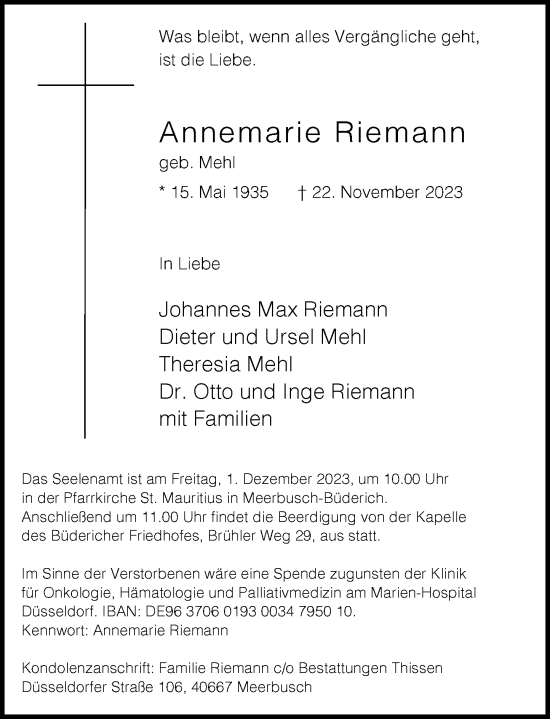 Traueranzeige von Annemarie Riemann von Rheinische Post