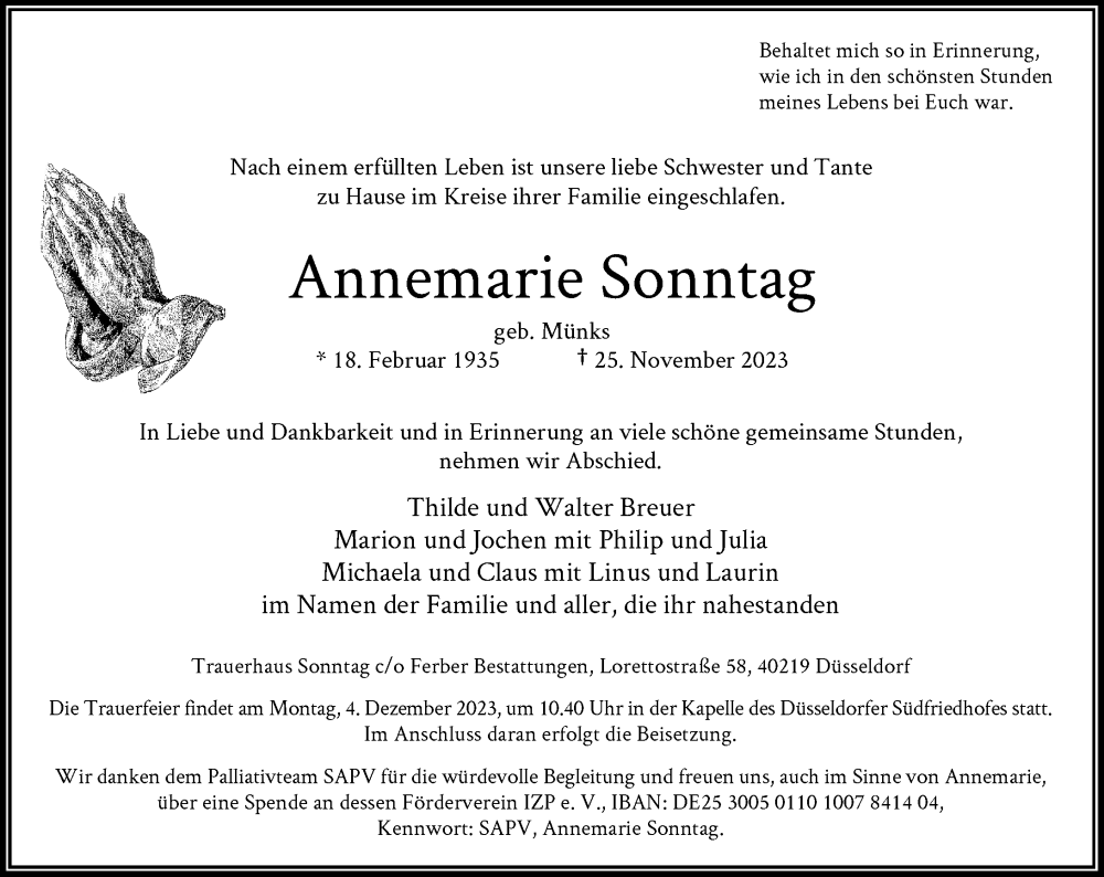  Traueranzeige für Annemarie Sonntag vom 02.12.2023 aus Rheinische Post