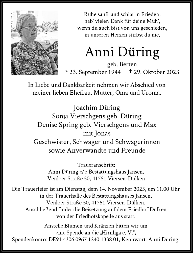  Traueranzeige für Anni Düring vom 11.11.2023 aus Rheinische Post