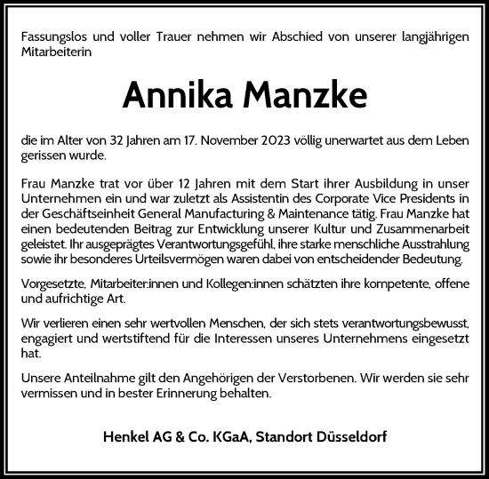 Traueranzeige von Annika Manzke von Rheinische Post