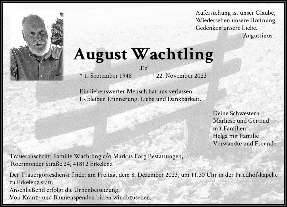  Traueranzeige für August Wachtling vom 25.11.2023 aus Rheinische Post