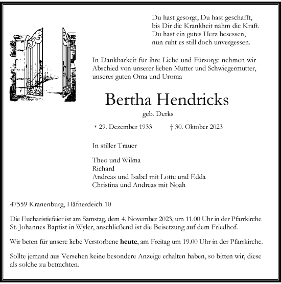 Traueranzeige von Bertha Hendricks von Rheinische Post