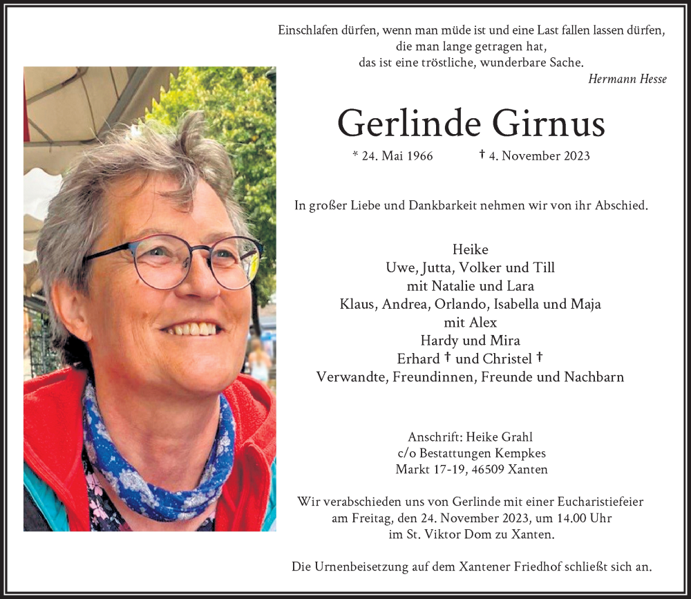  Traueranzeige für Gerlinde Girnus vom 11.11.2023 aus Rheinische Post