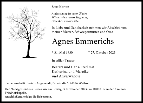 Traueranzeige von Agnes Emmerichs von Rheinische Post