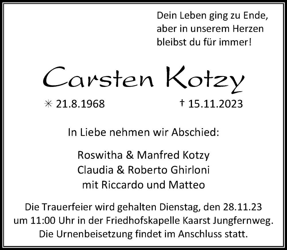  Traueranzeige für Carsten Kotzy vom 25.11.2023 aus Rheinische Post
