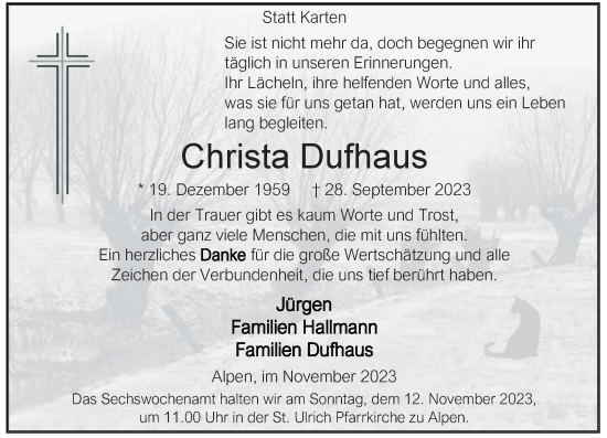 Traueranzeige von Christa Dufhaus von Rheinische Post