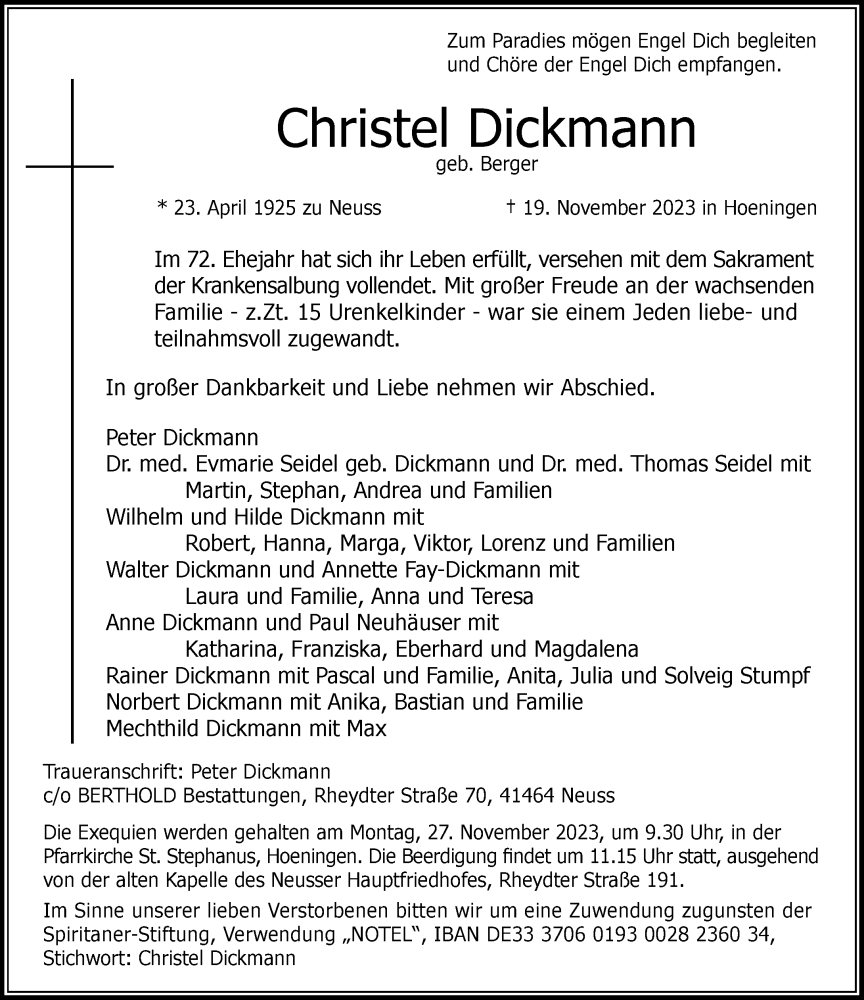  Traueranzeige für Christel Dickmann vom 25.11.2023 aus Rheinische Post