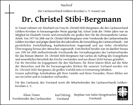 Traueranzeige von Christel Stibi-Bergmann von Rheinische Post