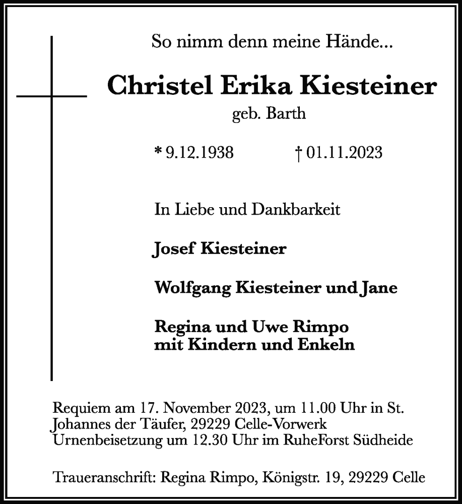  Traueranzeige für Christel Erika Kiesteiner vom 11.11.2023 aus Rheinische Post