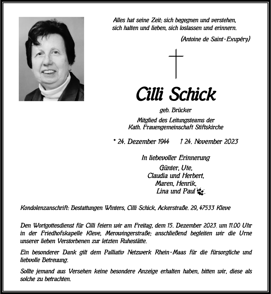  Traueranzeige für Cilli Schick vom 02.12.2023 aus Rheinische Post