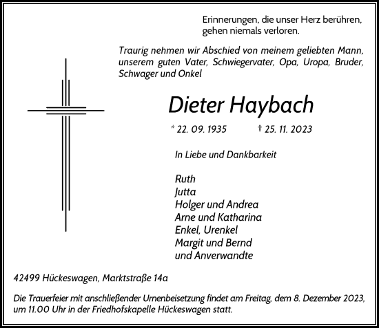 Traueranzeige von Dieter Haybach von Rheinische Post