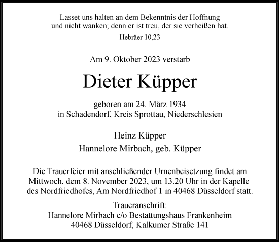 Traueranzeige von Dieter Küpper von Rheinische Post