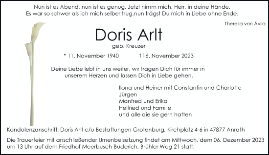 Traueranzeige von Doris Arlt von Rheinische Post