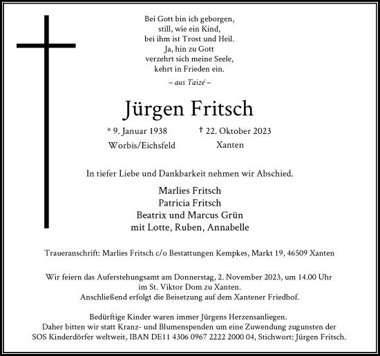 Traueranzeige von Jürgen Fritsch von Rheinische Post