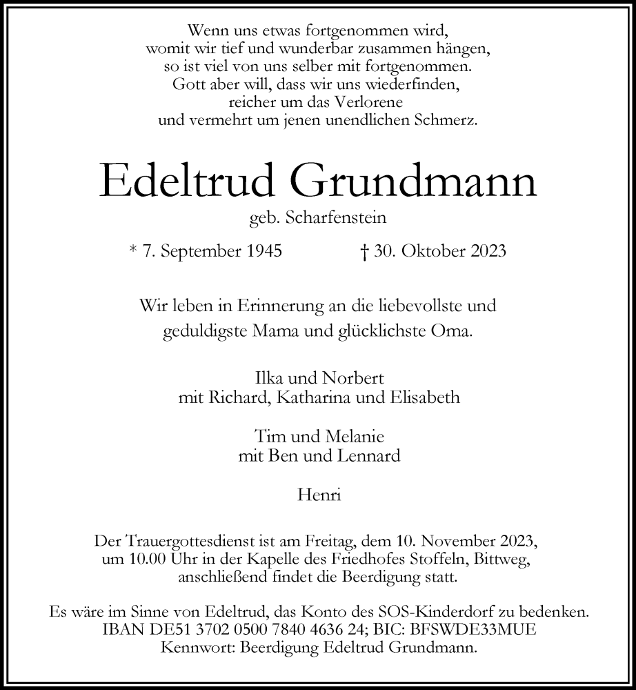 Traueranzeige für Edeltrud Grundmann vom 04.11.2023 aus Rheinische Post