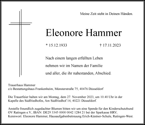 Traueranzeige von Eleonore Hammer von Rheinische Post