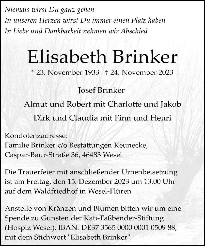  Traueranzeige für Elisabeth Brinker vom 02.12.2023 aus Rheinische Post