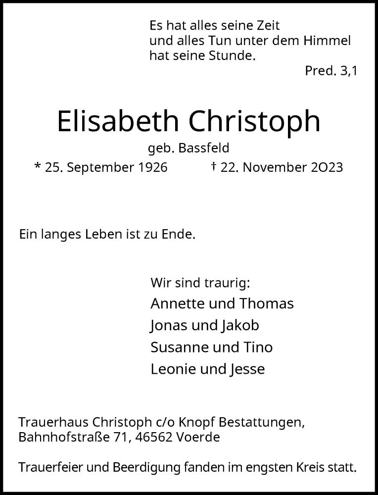  Traueranzeige für Elisabeth Christoph vom 30.11.2023 aus Rheinische Post