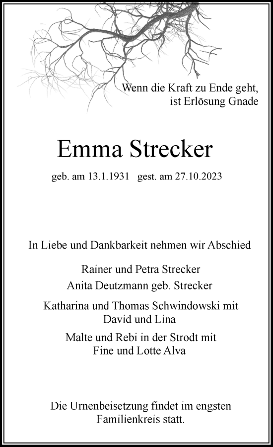 Traueranzeige von Emma Strecker von Rheinische Post