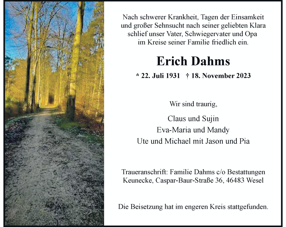 Traueranzeige für Erich Dahms vom 25.11.2023 aus Rheinische Post