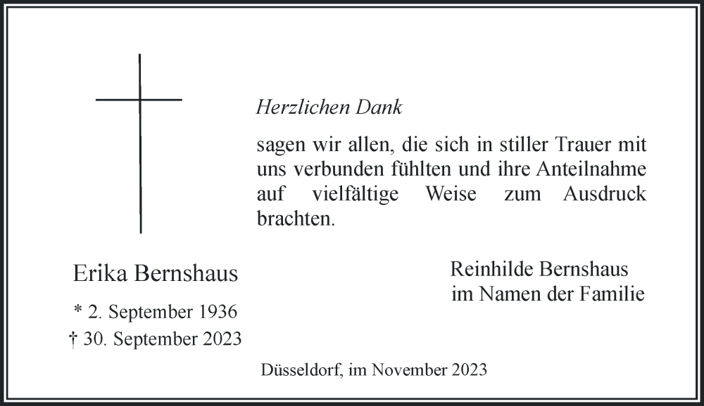  Traueranzeige für Erika Bernshaus vom 11.11.2023 aus Rheinische Post