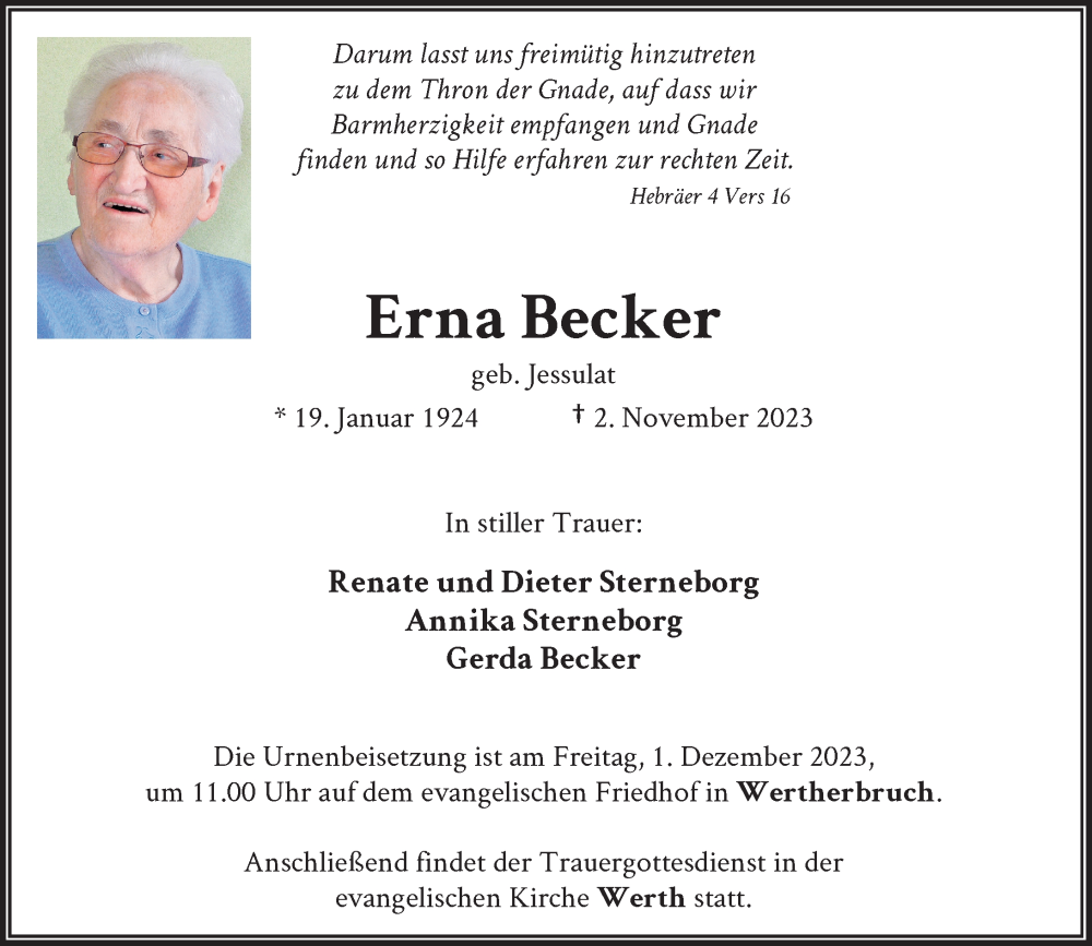  Traueranzeige für Erna Becker vom 11.11.2023 aus Rheinische Post